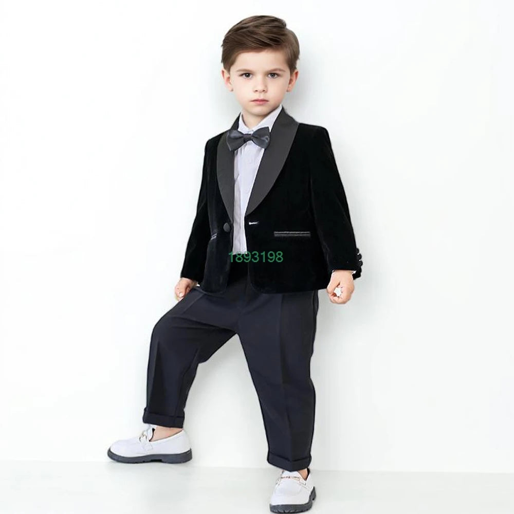 Boys Formal Velvet Suit Set Child Birthday Dress Wedding Party Photography Piano Recital Costume Kids Blazer Pants Bowtie Outfit