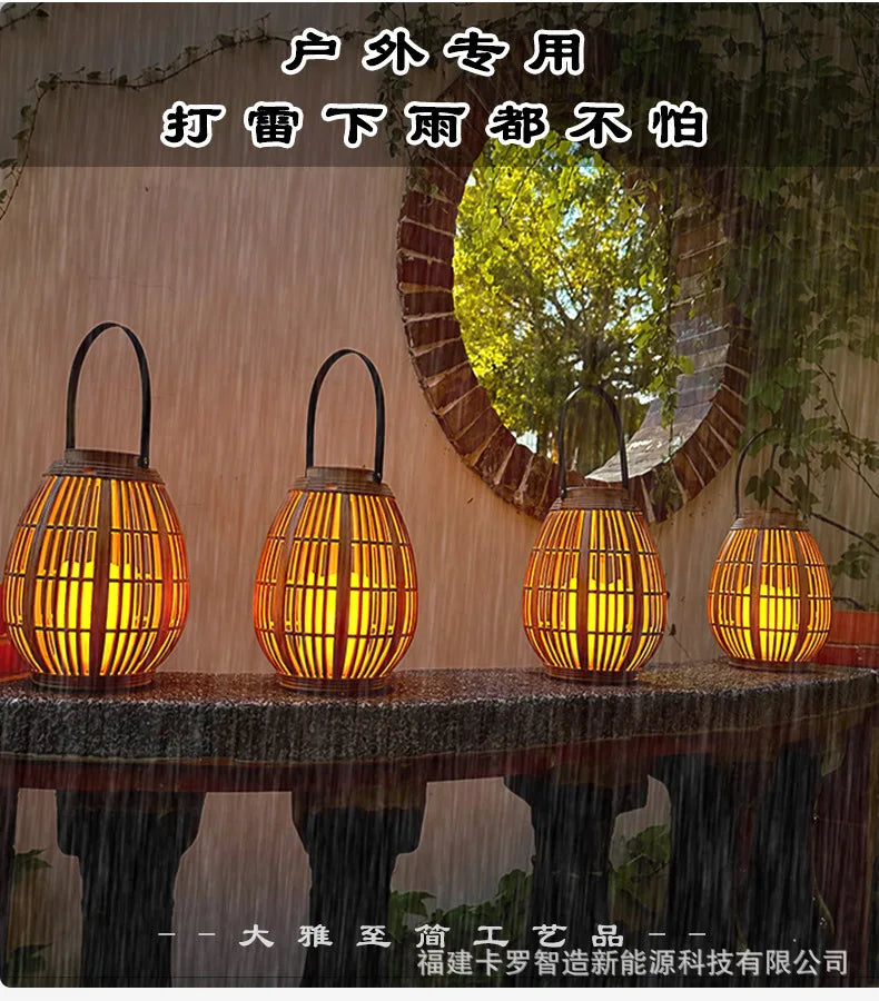 Outdoor Solar Imitation Rattan Lantern Courtyard Balcony Garden Decoration Candle Lights Creative Atmosphere Bamboo Chandelier