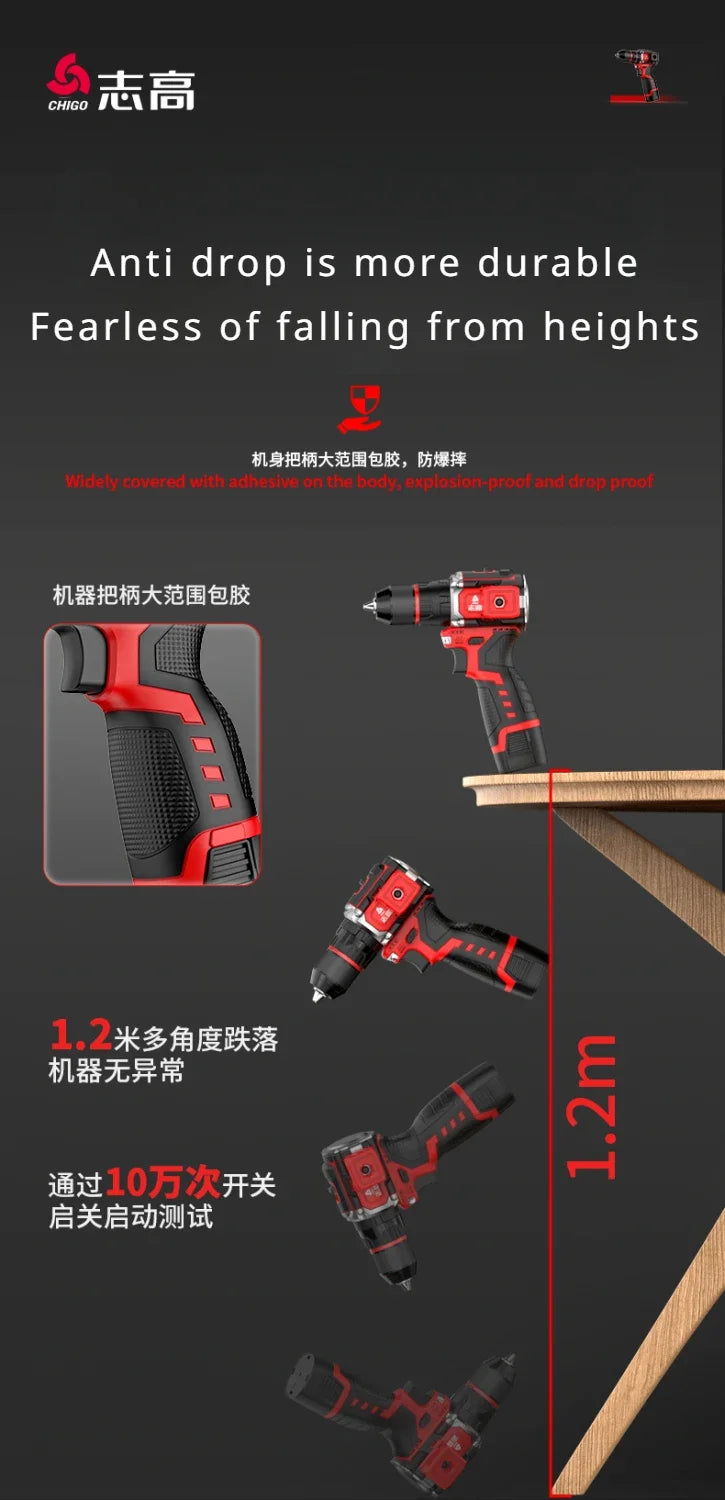 Chigo Brushless Electric Drill Cordless Driller Driver 120N.m 16.8V Impact Drill Screwdriver Li-ion Battery Electric Power Tools