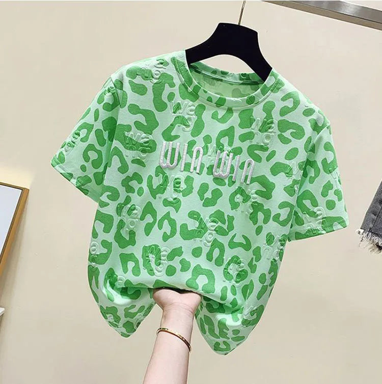 2024 new summer leopard print short sleeved t-shirt for women loose round neck fashionable and chic top trend