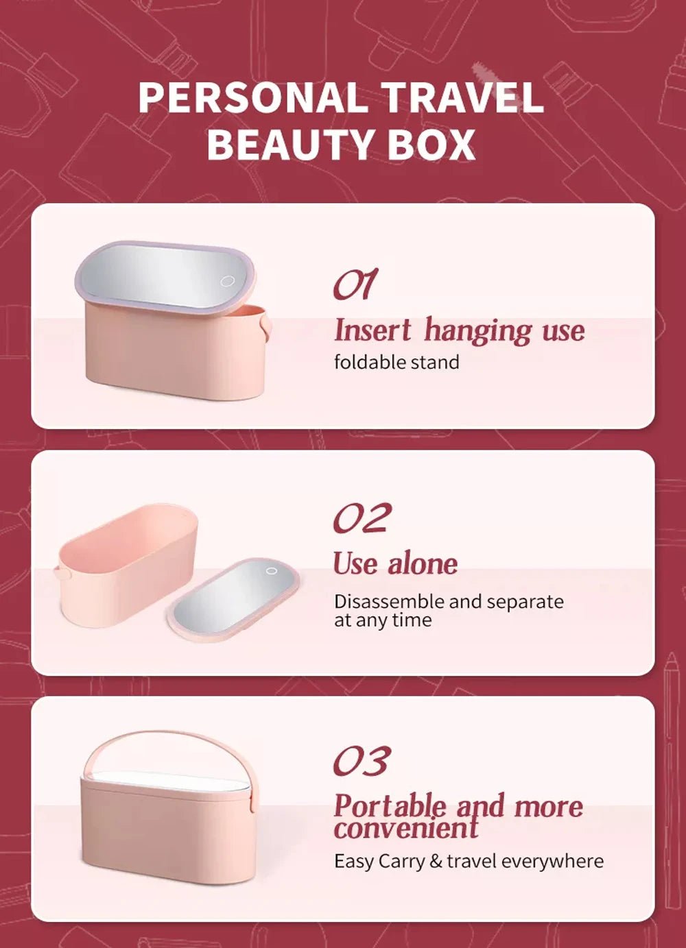 Lighted Makeup Vanity Mirror With Makeup Storage Case Rechargeable LED Light Desktop Makeup Mirror Portable Makeup Beauty Box