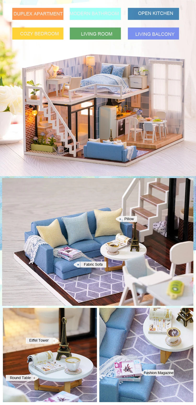 Assemble DIY Wooden House Dollhouse kit Wooden Miniature Doll Houses Miniature Dollhouse toys With Furniture LED Lights Gift