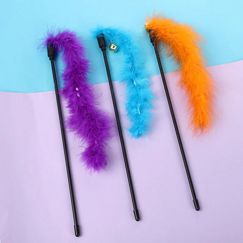 Funny Kitten Cat Teaser Interactive Toy Rod with Bell and Feather Toys for Pet Cats Stick Wire Chaser Wand Toy Cat Random Color