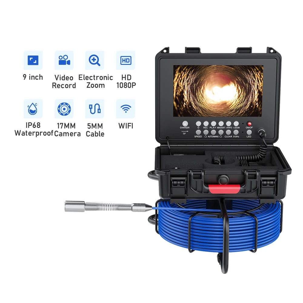 9in HD Wireless WiFi/DVR Distance Counter Sewer Pipe Inspection Camera Video Camera,Drain Industrial Endoscope with Meter Meter