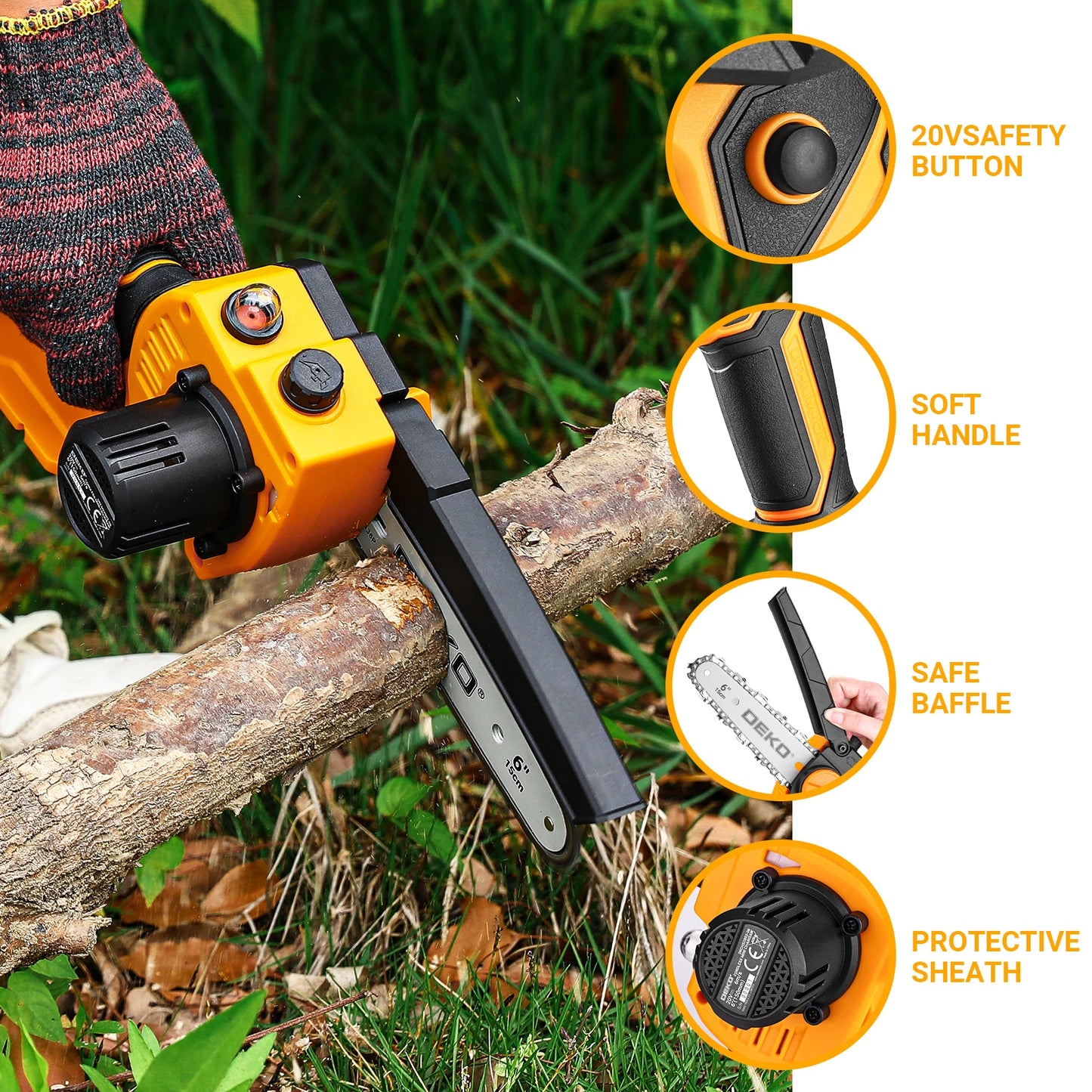 DEKO 550w Mini Chainsaw Cordless Oil Machine 6-inch Handheld Portable Battery Powered aGarden Tools for Wood/Tree Cutting