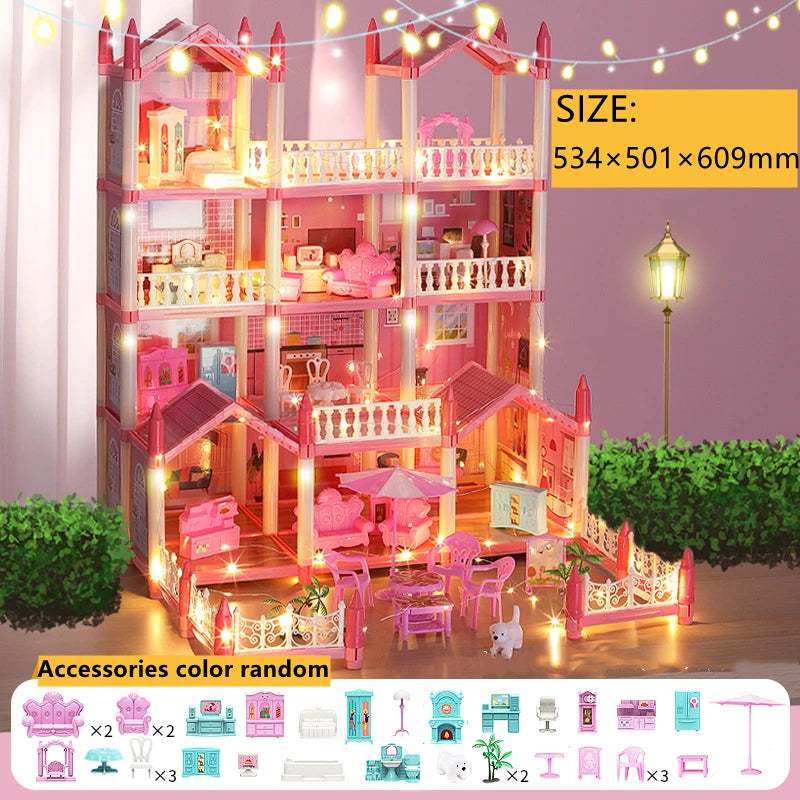 Doll Houses 3D Assembled DIY Miniatures Dollhouse Accessories Villa Princess Castle with LED Light Girl Birthday Gift Toy House