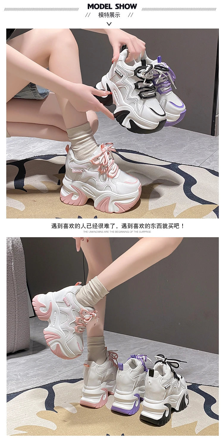 Women Walking Sneakers Autumn Lace-up High Platform Chunky Shoes Breathable Leather Shoes 10CM Winter Wedge Heels Casual Shoes