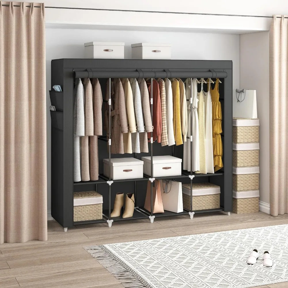 67 in Portable Closet Wardrobe for Hanging Clothes, Wardrobe Closet , 4 Hanging Rods and Side Pockets, 8 Storage Shelves