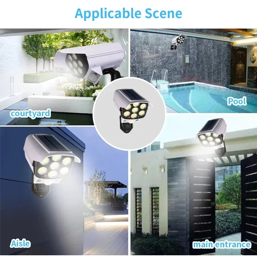 Outdoor Motion Sensor Solar Lights 77 LED FloodLight Waterproof Wireless Dummy Decoy Fake Security Camera for Porch Garden Patio