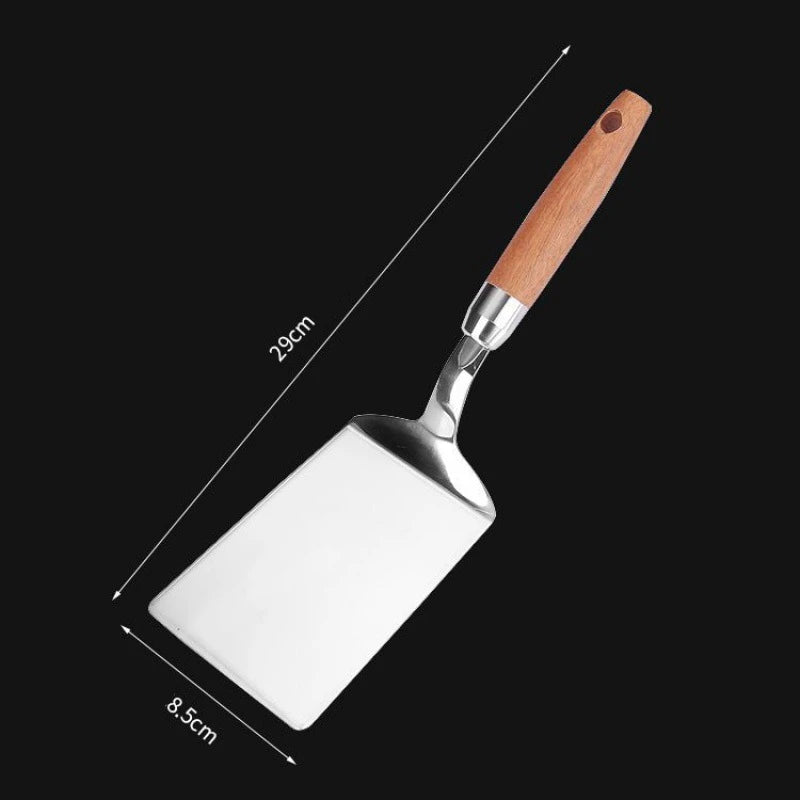 Stainless Steel Square Head Steak Cooking Spatula Wood Handle  Pizza Shovel Pancake Beef Turner Scraper BBQ Utensils For Kitchen