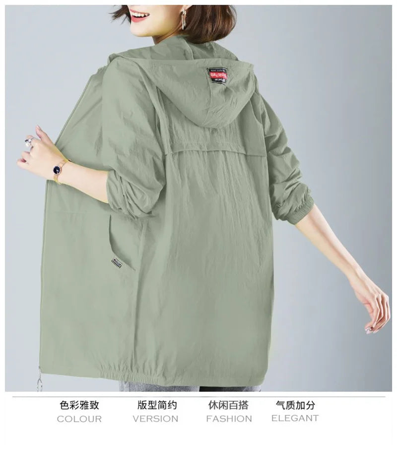 2024 Summer Thin Windbreaker Women Coat New Sunscreen Clothes Mid-Long Female Breathable Oversize Jacket Hooded Female Outerwear