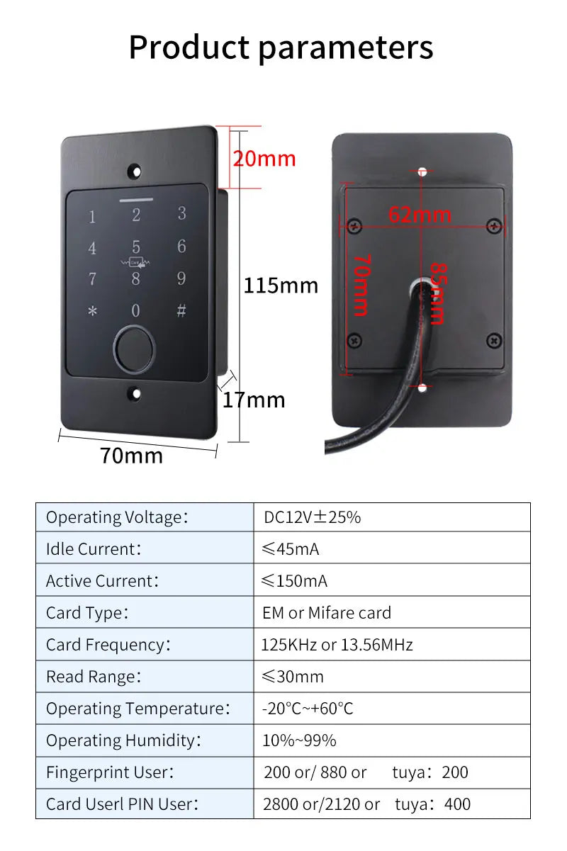 WiFi Tuya App Smart Door Lock Keyboard RFID Access Controller Waterproof Metal Keypad Concealed Install Biometric Access Control