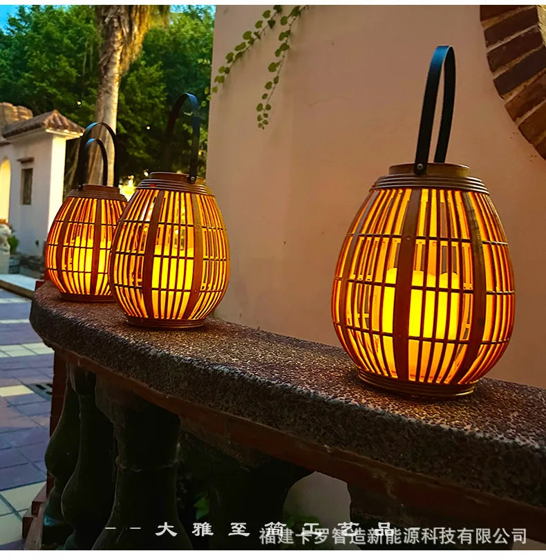 Outdoor Solar Imitation Rattan Lantern Courtyard Balcony Garden Decoration Candle Lights Creative Atmosphere Bamboo Chandelier