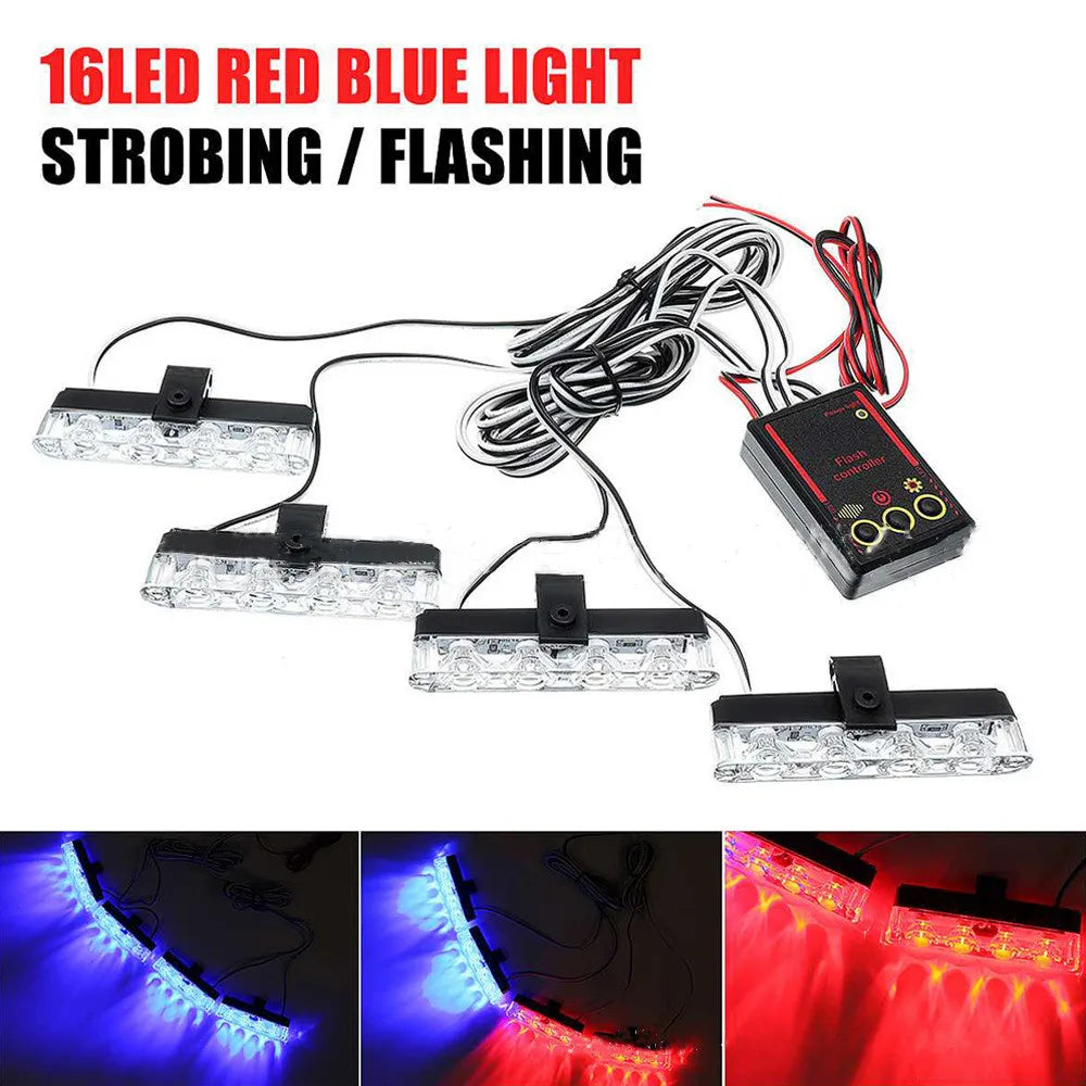 12V Red Blue Emergency Strobe Lights 4 LED Police Lamp With Wireless Remote Control Flash Grille Light for Cars Truck Van SUV