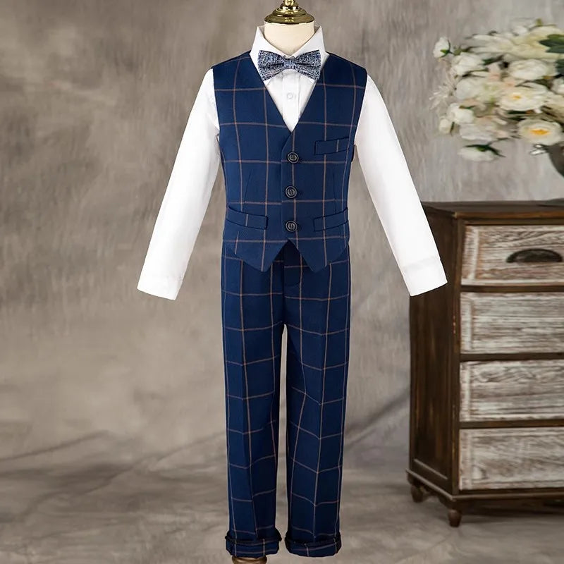 Boys Formal Navy Plaid Suits Set Children Host Piano Performance Birthday Party Photography Costume Kids Blazer Pants