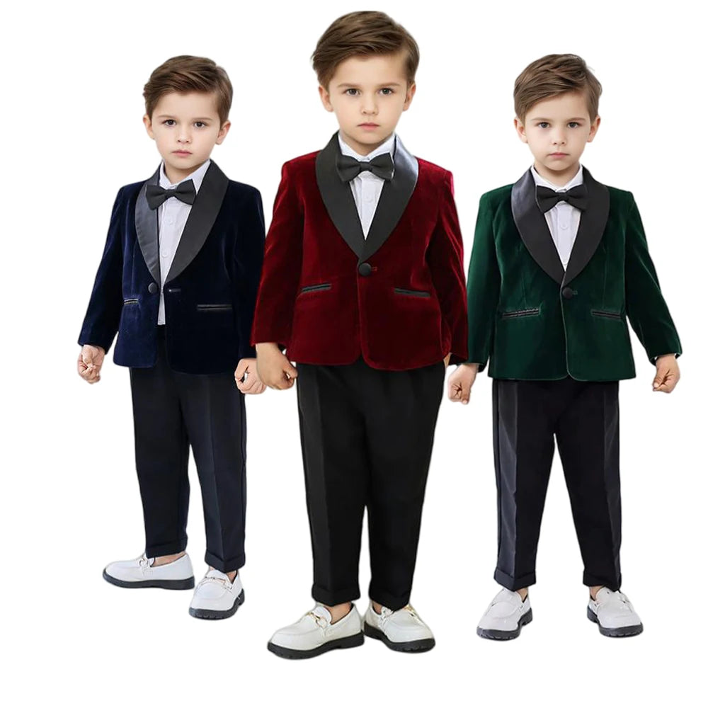 Boys Formal Velvet Suit Set Child Birthday Dress Wedding Party Photography Piano Recital Costume Kids Blazer Pants Bowtie Outfit