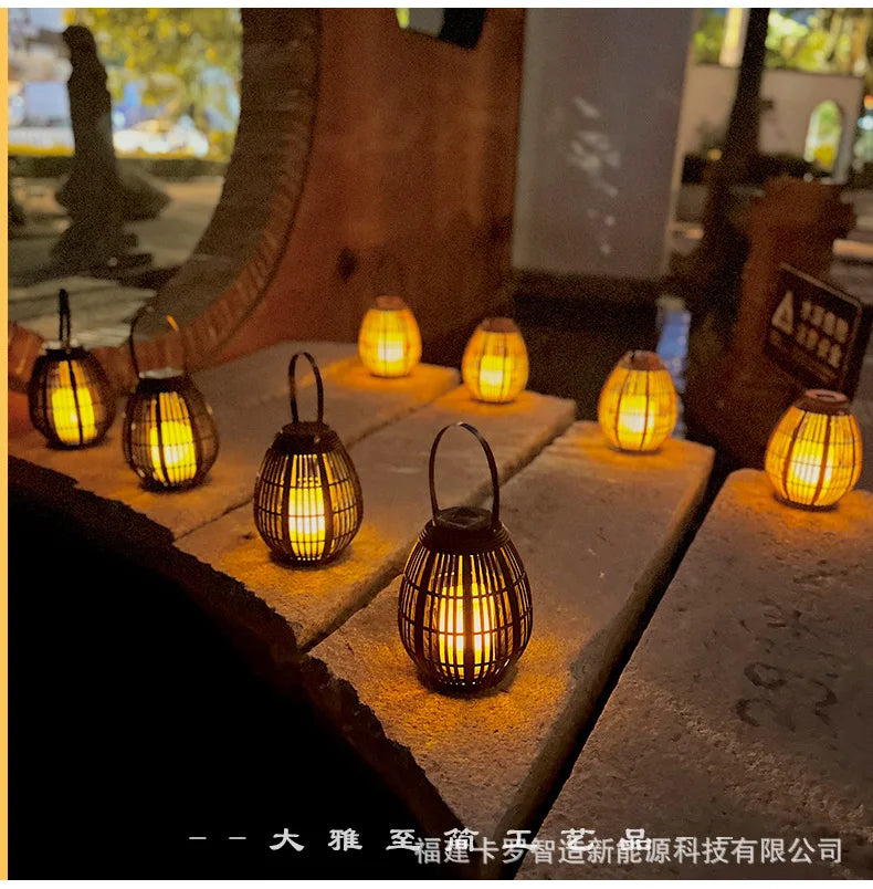 Outdoor Solar Imitation Rattan Lantern Courtyard Balcony Garden Decoration Candle Lights Creative Atmosphere Bamboo Chandelier