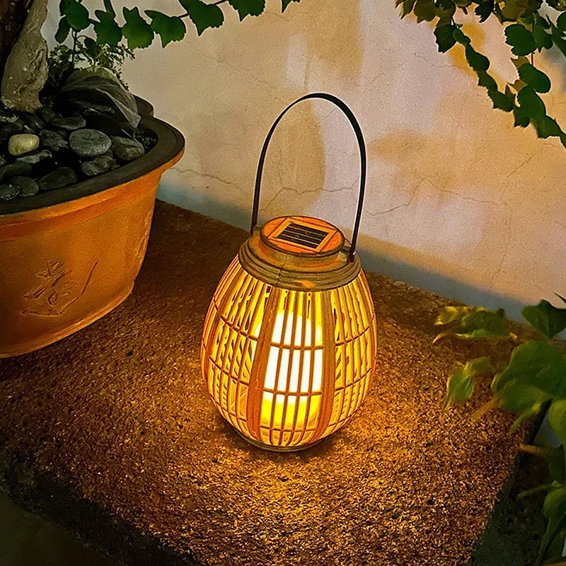 Outdoor Solar Imitation Rattan Lantern Courtyard Balcony Garden Decoration Candle Lights Creative Atmosphere Bamboo Chandelier