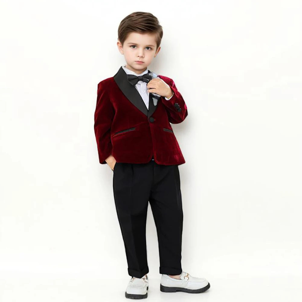 Boys Formal Velvet Suit Set Child Birthday Dress Wedding Party Photography Piano Recital Costume Kids Blazer Pants Bowtie Outfit