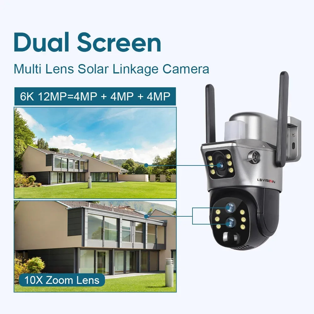 LS VISION 12MP 4G/WiFi Dual Screen Solar Camera Outdoor 10X Zoom 6K Three Lens Human Auto Tracking Surveillance Camera V380 Pro