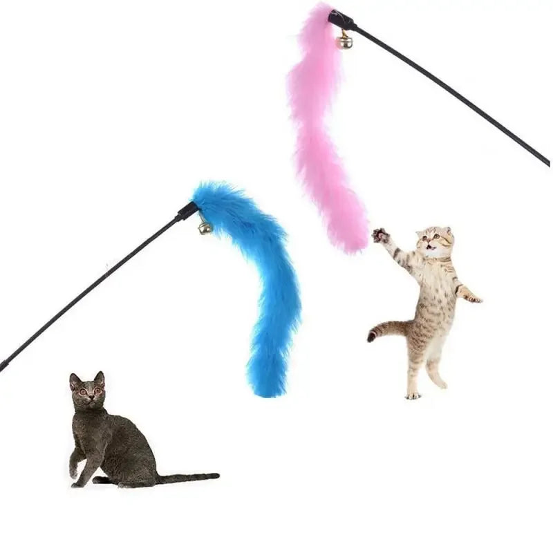 Funny Kitten Cat Teaser Interactive Toy Rod with Bell and Feather Toys for Pet Cats Stick Wire Chaser Wand Toy Cat Random Color