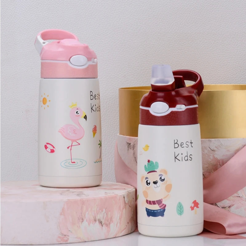 400ML Kids Water Bottle Cartoon Animal Children's Cup With Straw Stainless Steel Vacuum Flacks Thermos Bottle Thermal Mug Cups