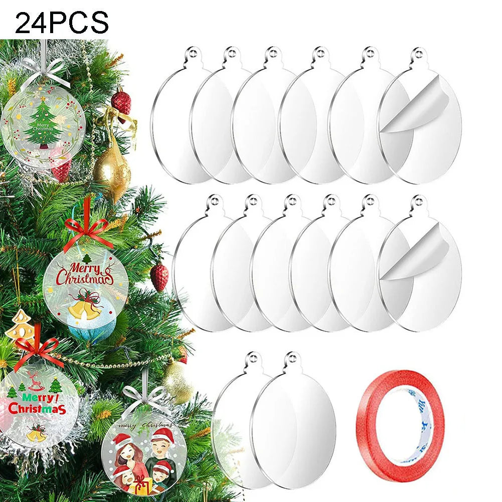 24pcs 7.5cm Christmas Tree Ornament New Year DIY Acrylic Circles Discs Clear Christmas Decorations DIY Xmas Craft Hanging Dec