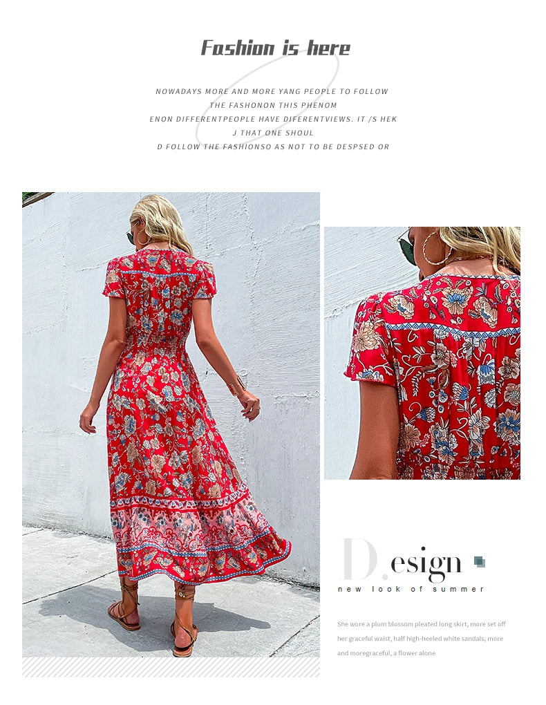 Vintage Floral Boho Printed Vestidos Women Short Sleeves V Neck Slit Midi Dresses A Line Bohemian Summer Beach Dress