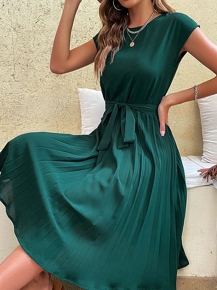 Elegant Women Summer Casual Beach Sundress Short Sleeve Pleated Midi Dress Soild Colour O Neck Tunic Dresses Fashion