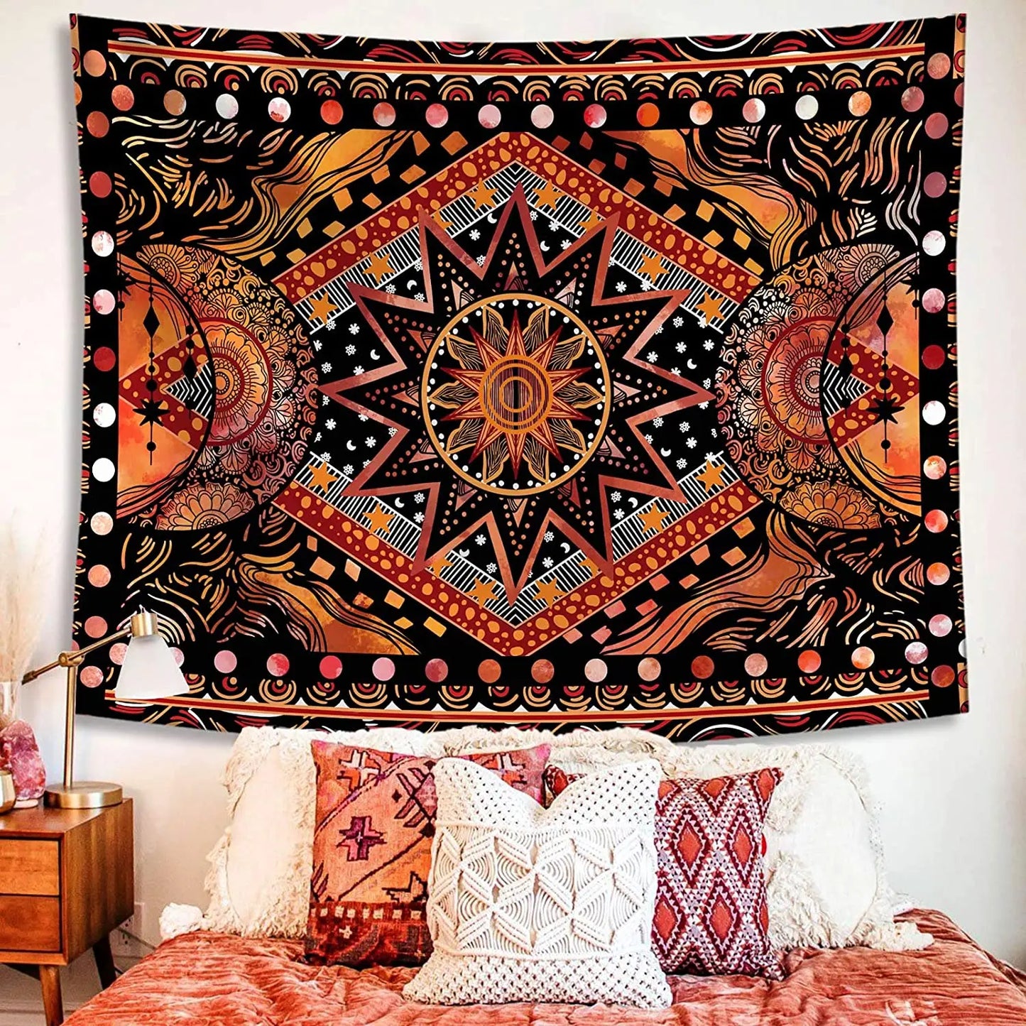 Orange Sun and Moon Tapestry Wall Hanging Indie Hippie Mandala Cool Wall Tapestries Aesthetic Tapestry for Bedroom Living Room