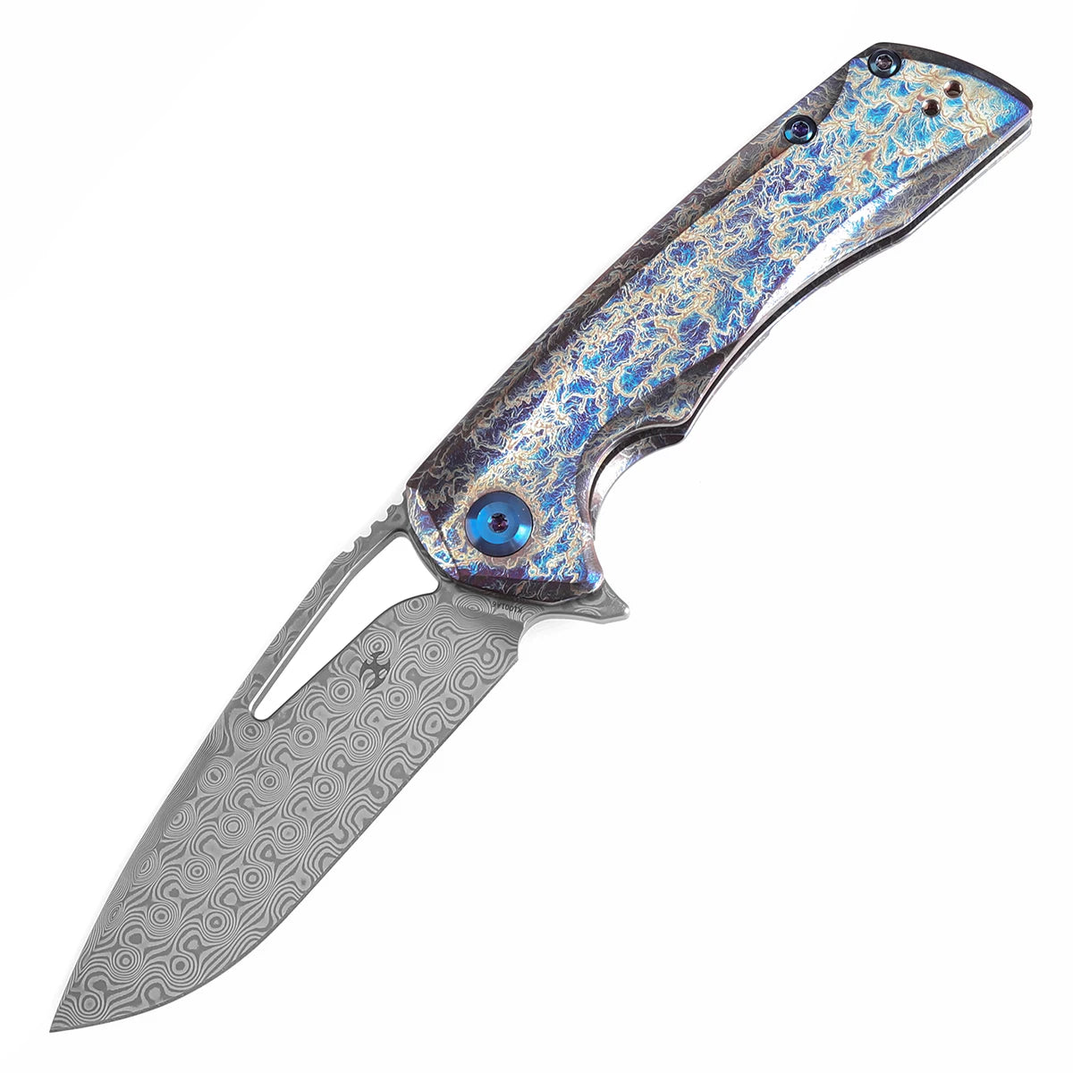 Kansept Kryo K1001A6 Folding Knife Kim Ning Designed 3.58'' Damascus with Titanium with Lightning Strike Finish Hunting Knife