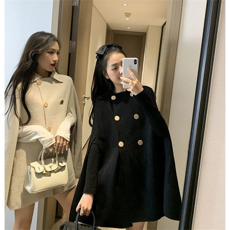 Fashion Woolen Poncho Coats for Women Autumn Winter Solid Cape Cloak Coat Loose Overcoat Female Double Breasted Lapel Jackets