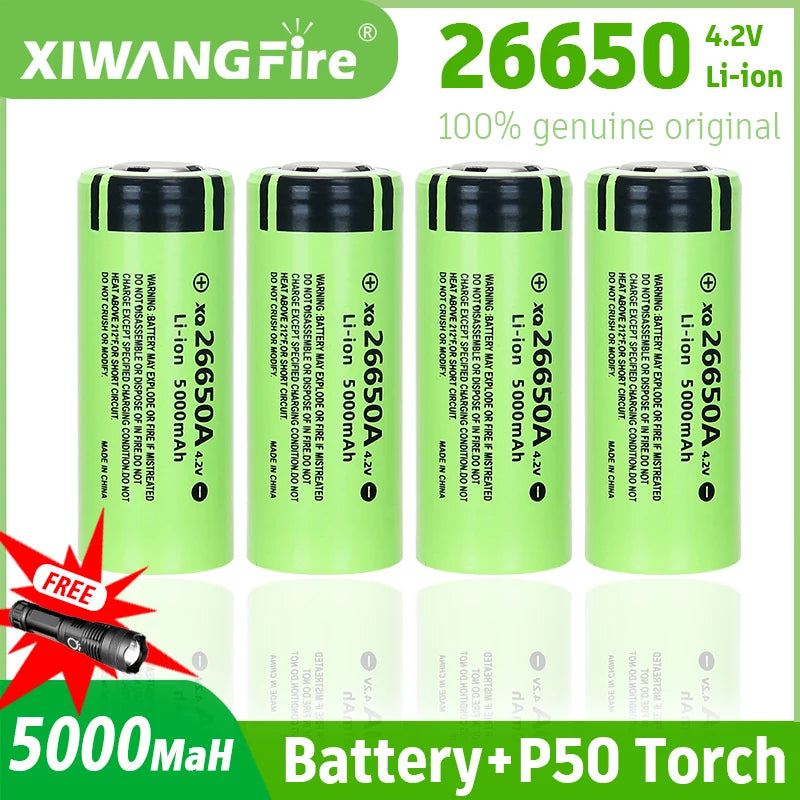 4.2V 26650 Lithium Battery 5000MaH High-capacity Rechargeable Battery 3C Discharge for Torch with Free a P50 LED Flashlight Gift