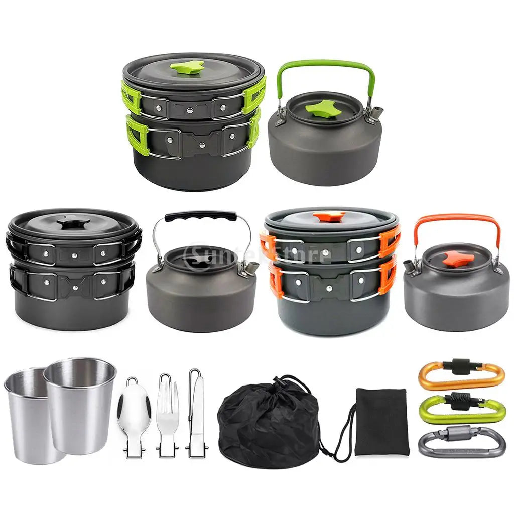 1 Set Outdoor Pots Pans Camping Cookware Picnic Cooking Set Non-stick Tableware With Foldable Spoon Fork Knife Kettle Cup