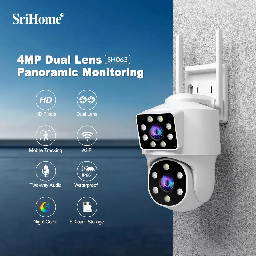 SriHome 2MP Wifi PTZ Camera SH063 Dual Lens Dual Screen Outdoor Wireless Security IP Auto Tracking Street Surveillance Camera