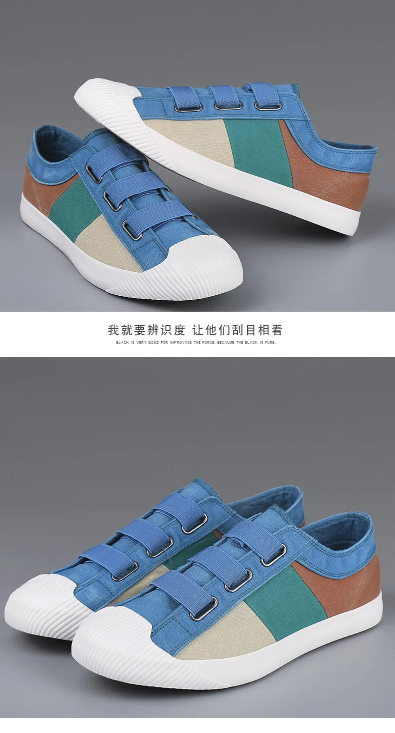 Men's Shoes Color Matching Recreational Shoe Breathable Canvas Shoes Spring Flat Shoes Soft Bottom Vulcanized  Shoes Big Yards