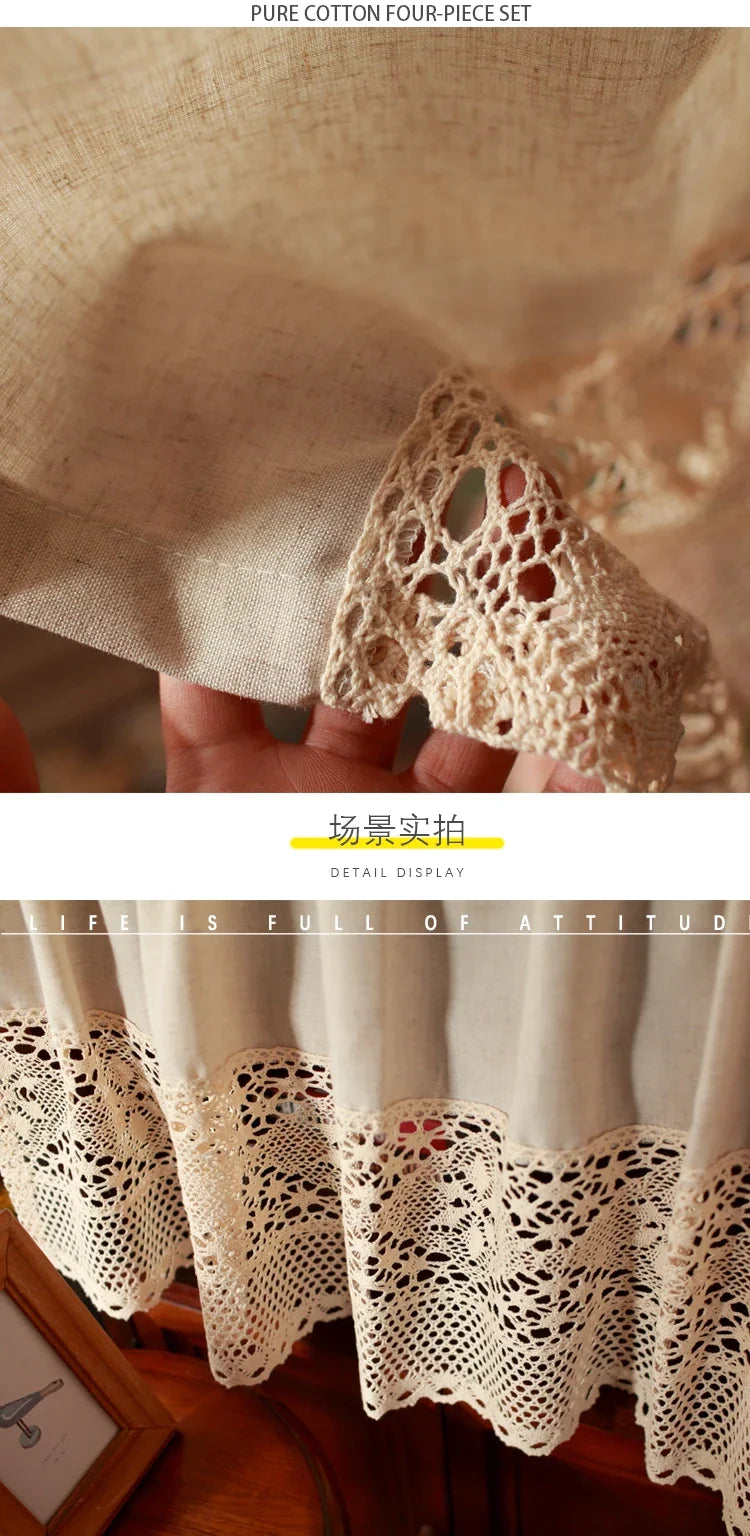 Handmade Cotton Linen Kitchen Short Curtains Crochet Lace Hollow Tassel Beige Valance Curtains Cafe Kitchen Door Window Drapes