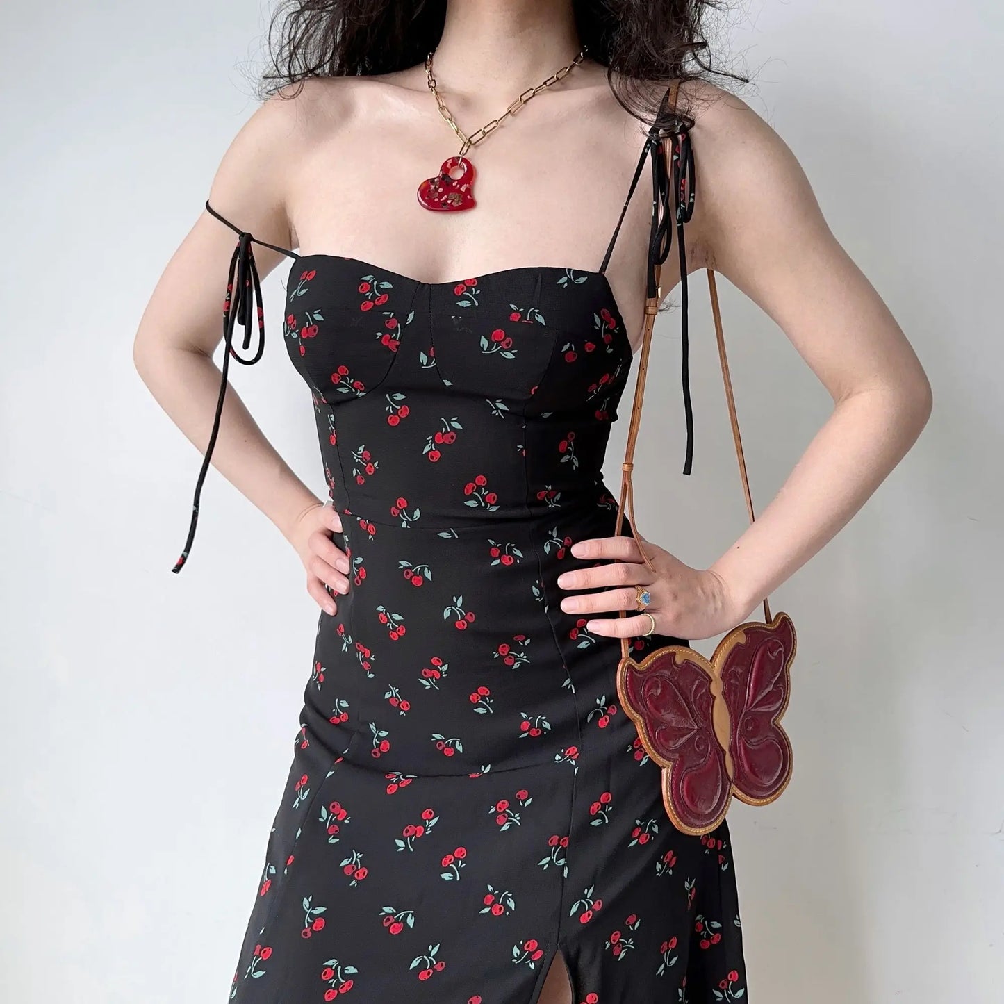 TVVOVVIN European and American Slim Fit Shoulder Lace Up Side Split Cherry Print Strap Dress Women's Sexy Holiday Dress 73Y2