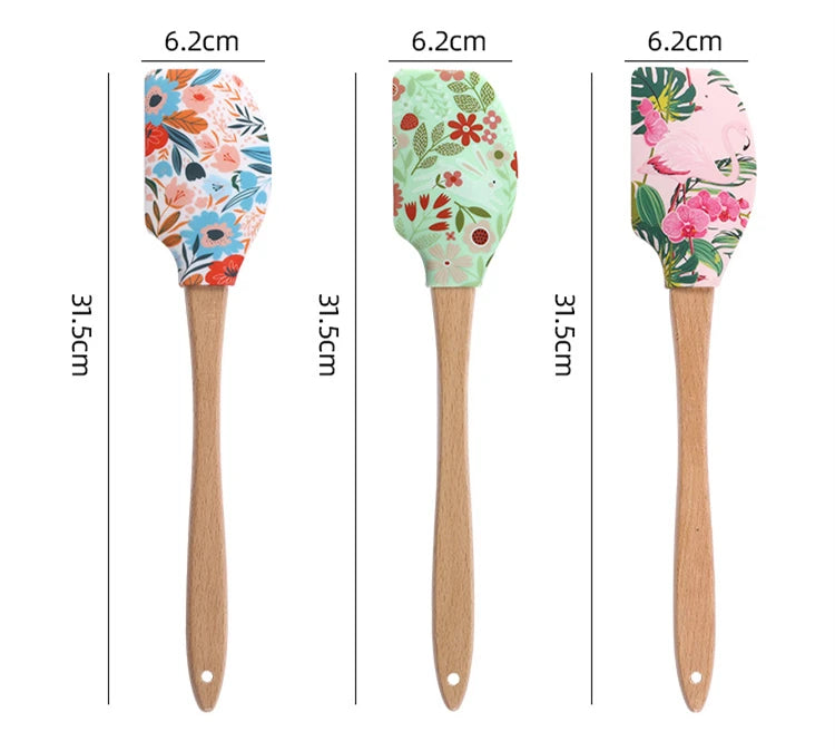 Printed Pattern Cake Scraper Silicone Cream Pastry Spatula Wooden Handle Butter Spreader Kitchen Batter Pies Baking Blender