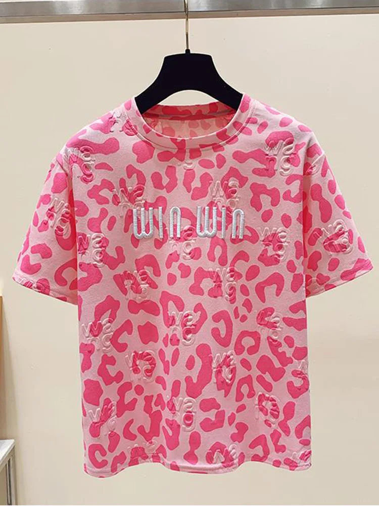 2024 new summer leopard print short sleeved t-shirt for women loose round neck fashionable and chic top trend