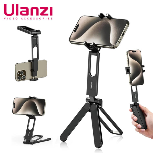 ULANZI MA26 Foldable Phone Tripod -Pocket Cell Phone Vlog Video Tripod Aluminium Desk Stand 2 Cold Shoe Selfie Stick for iPhone