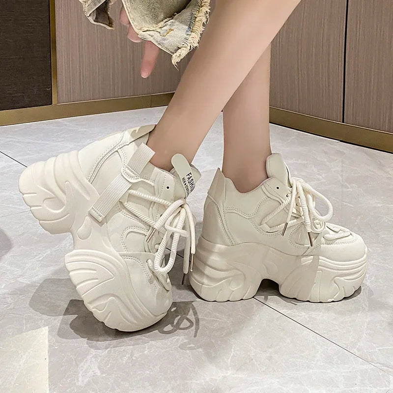 Women Walking Sneakers Autumn Lace-up High Platform Chunky Shoes Breathable Leather Shoes 10CM Winter Wedge Heels Casual Shoes