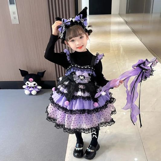 Sanrio Kuromi Spring and Autumn Girl Cute Cartoon Dress Lolita Birthday Party Role Play Tutu Dress Child Dress Gift Christmas