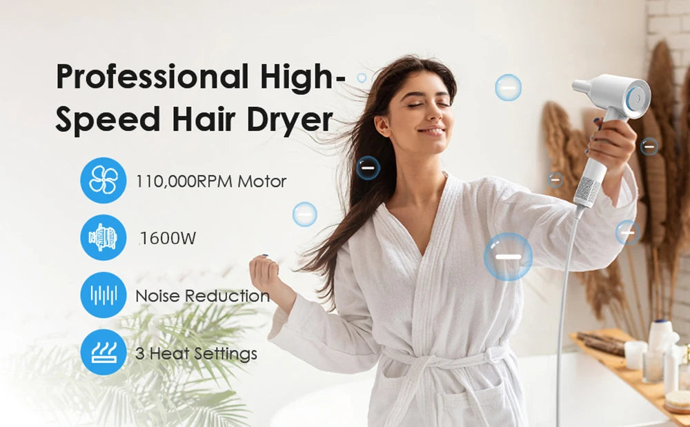 High Speed Hair Dryer ABIR SU9,360° Rotating Magnetic Nozzle,200mil Negative Ions,Low Noise,Blow Dryer 1600W Quick dry for Home