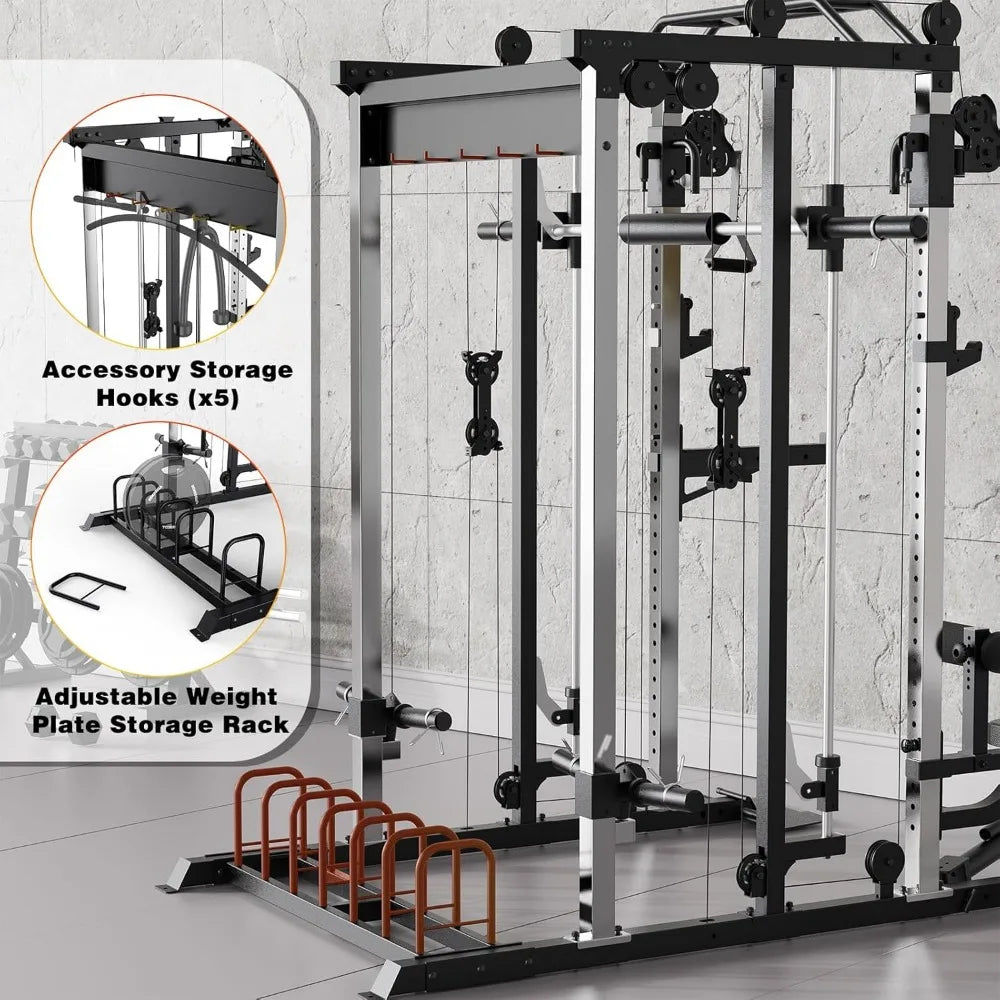 Smith Machine Strength Training Squat Rack with Smith Bar, Power Cage with LAT Pull-Down Systems