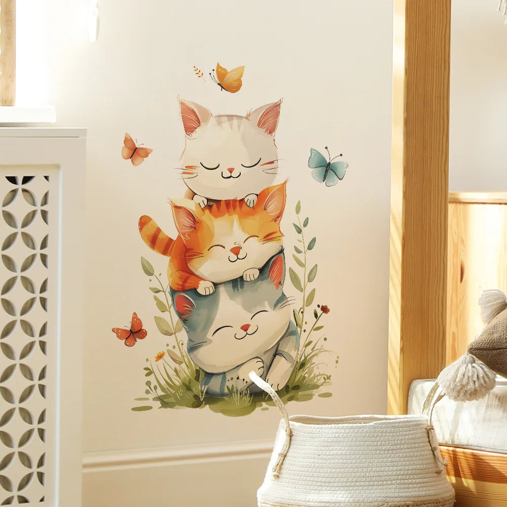 Cute Cats Overlap Wall Stickers Kids Room Decoration Mural Baby Bedroom Home Decor Cartoon Kitten Self-adhesive Decals Beautify