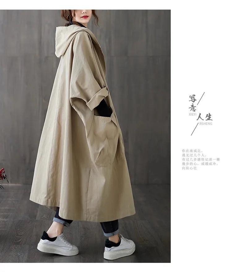 New 2024 Ladies Hooded Trench Coats Solid Loose Single-breasted Long Jacket for Daily Wear Women Windbreaker Casual Outerwear