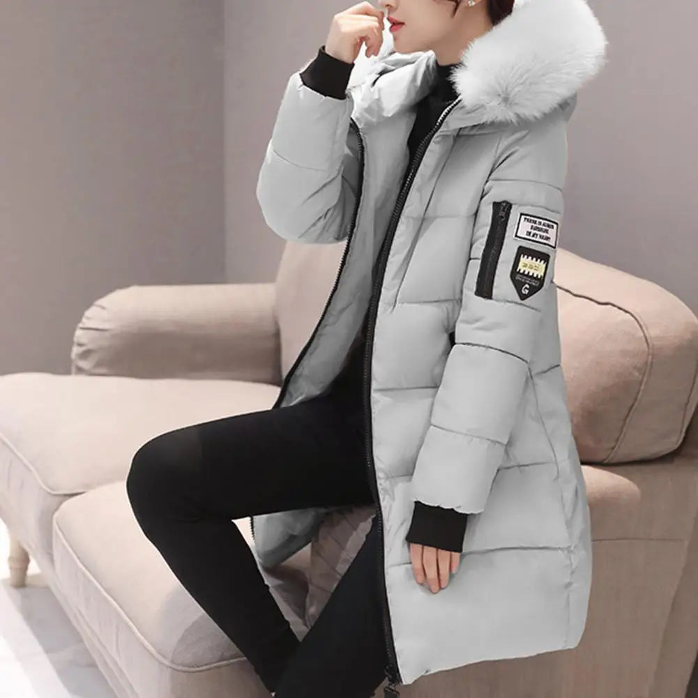 Women Winter Cotton Coat Hooded Mid Length Outerwear Windproof Warm Long Sleeve Jacket Solid Color Slim Fit Lady Down Coat