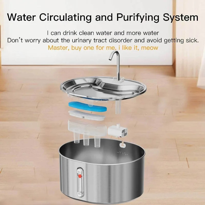 Automatic Cat Water Fountain Stainless Steel Cat Fountain with Filter Visual Water Level Pet Puppy Cats Drinking Water Dispenser