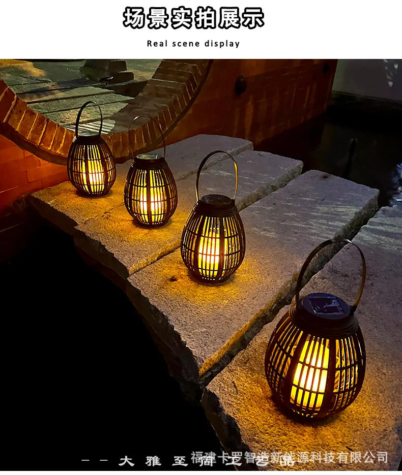 Outdoor Solar Imitation Rattan Lantern Courtyard Balcony Garden Decoration Candle Lights Creative Atmosphere Bamboo Chandelier